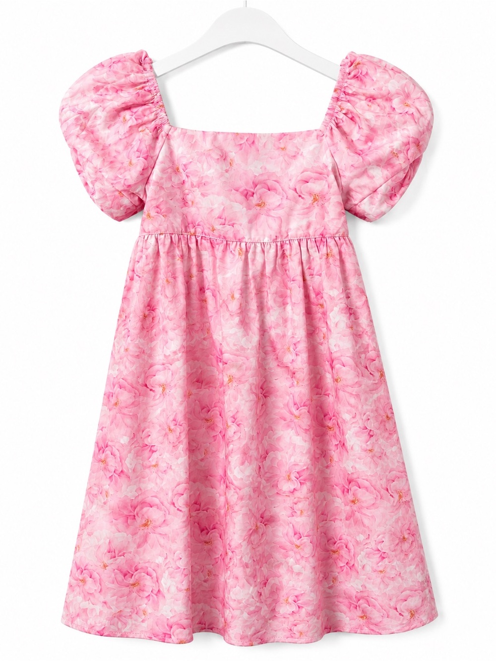 Pink Floral Puff-Sleeve Square Neck Dress
